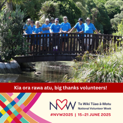 Nga Manu Volunteers standing on a bridge over a stream at the reserve